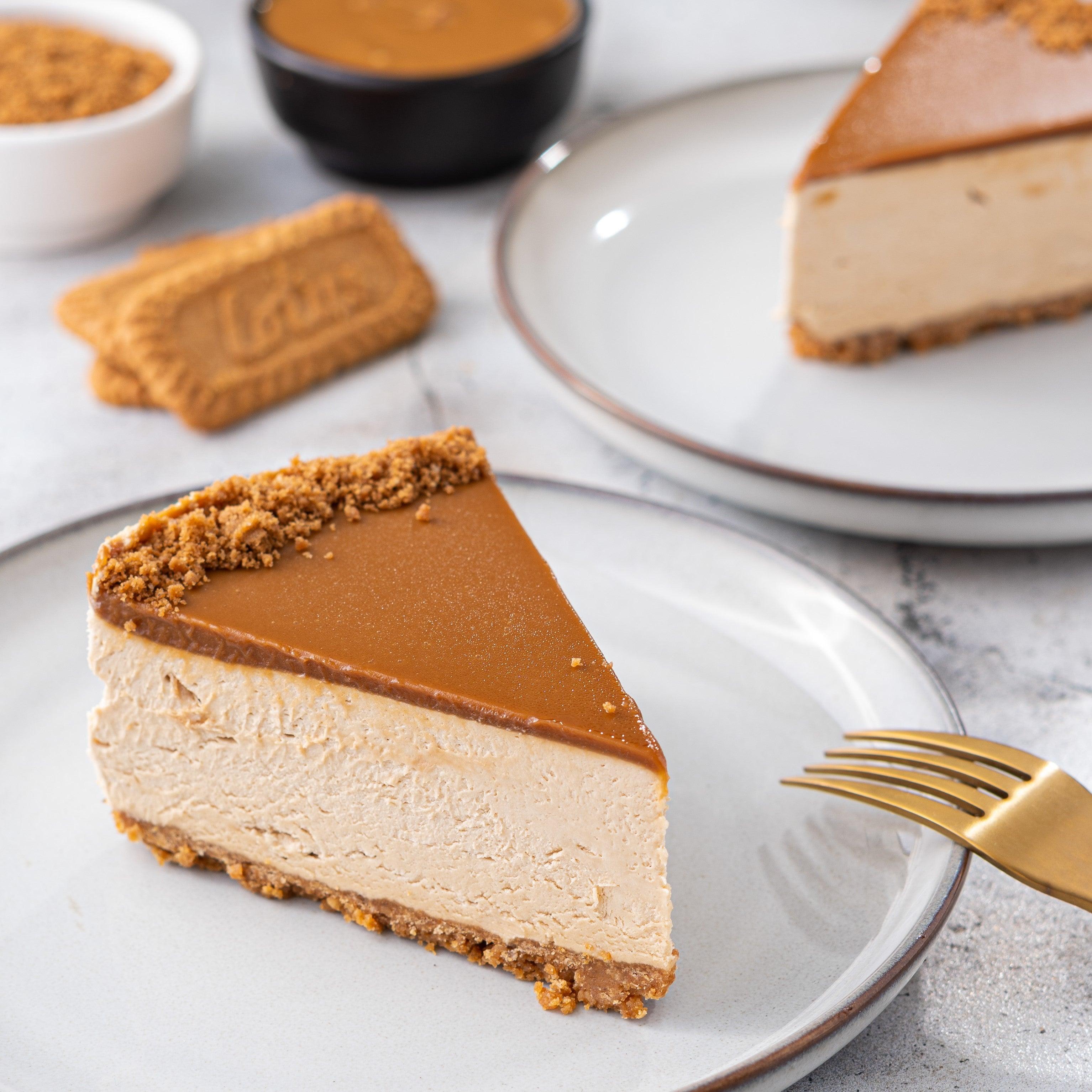 Close-up of a Biscoff cheesecake slice with a biscuit base