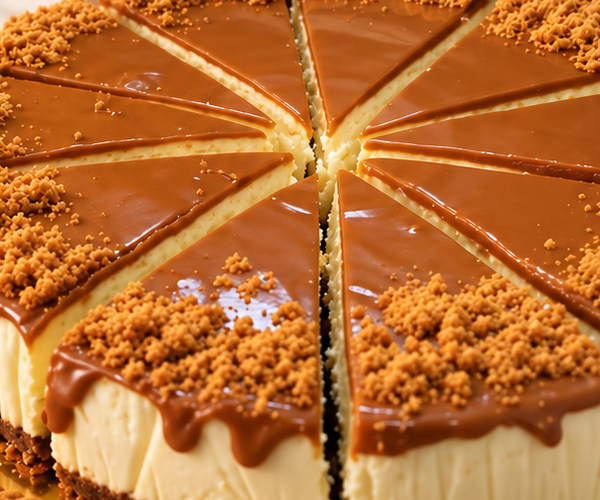 Lotus Biscoff cheesecake finished with caramel and biscuit crumbs
