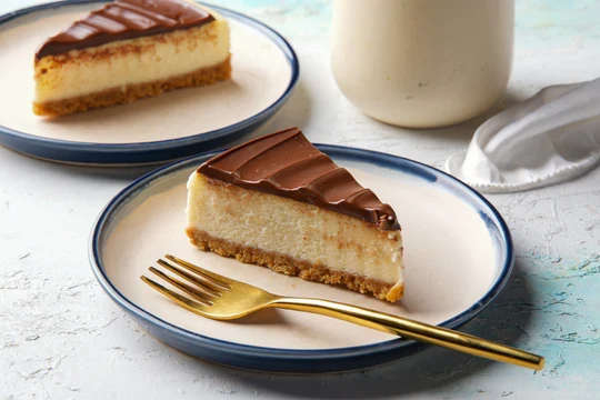 Slices of baked cheesecake topped with chocolate hazelnut spread