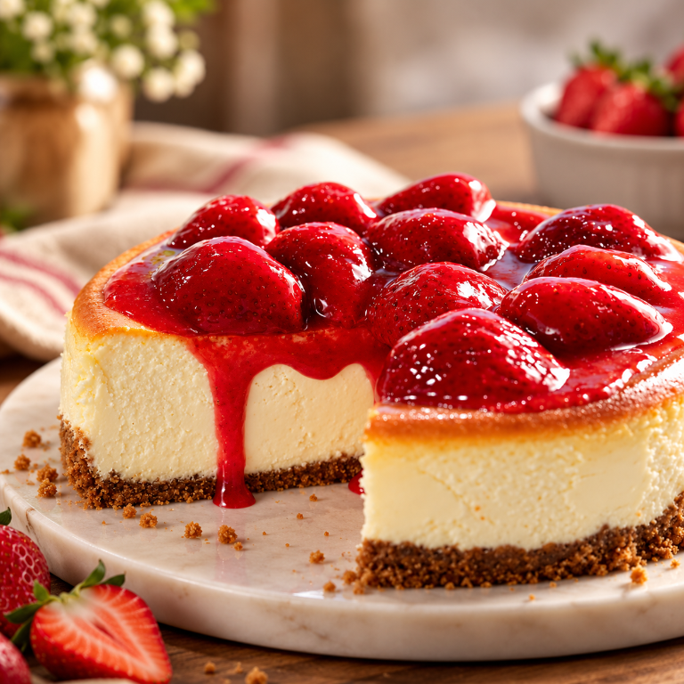 Strawberry cheesecake topped with fresh strawberries and strawberry sauce